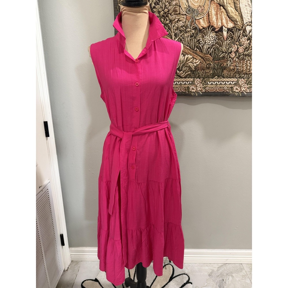 SheIn Dress Womens Large Pink Collared Sleeveless Belted Tiered Shirt Maxi